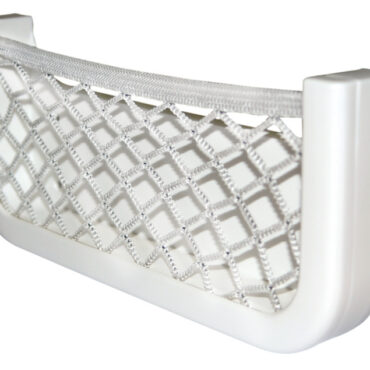 Telaio in ABS bianco, con rete elestica in nylon intrecciato. Dorso autoadesivo, oppure da fissare con 4 viti.