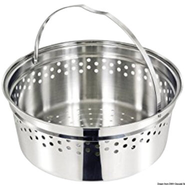 In acciaio inox AISI 316 lucidato a specchio. Utilizzabile anche con fuochi ad induzione. Provvisto di speciali manici a scatto removibili.