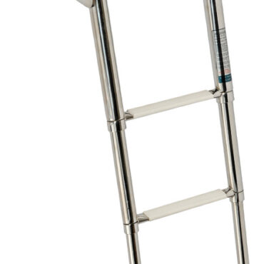 Completamente in acciaio inox lucidato a specchio. Gradini ovali con pedana in plastica bianca, versione con fermo frontale scatolato della parte sfilabile.