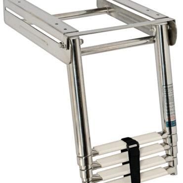 Completamente in acciaio inox lucidato a specchio. Gradini ovali con pedana in plastica bianca, versione con fermo frontale scatolato della parte sfilabile.