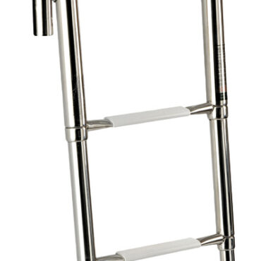 Provvista di maniglia pieghevole/abbattibile per facilitare la risalita a bordo. Realizzate in acciaio inox AISI 316 lucidato a specchio. Finitura eccezionale, gradini ovali con pedana in plastica bianca.