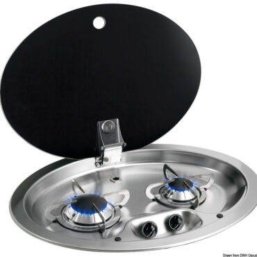 Con coperchio in vetro nero fumè, temperato, autobloccante. Cerniere a scomparsa. Griglia di supporto in inox con gommini antivibrazione.Bruciatori ad alta efficienza. Accensione manuale. Omologazione CE.