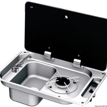 Completo di lavello e rubinetto con miscelatore acqua calda/fredda.