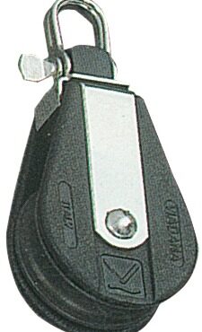 In nylon nero e acciaio inox, con puleggia in alluminio anodizzato duro, per cavi acciaio, testa universale fissa o girevole.