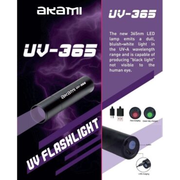 Potente torcia AKAMI UV a LED ultravioletta da 365 Nm. Incorpora una batteria al litio ricaricabile tramite cavetto e presa con connettore USB. Dotato di custodia per il trasporto. Ideale per caricare e rendere visibili di notte accessori fosforescenti, come perline per calamenti, totanare. La nuova lampada a LED da 365 Nm. emette una luce opaca di colore bianco-violaceo nella banda UV-A ed è in grado di produrre "luce nera" non visibile all'occhio umano per far risaltare particolari fluorescenti. Utilizzabile anche in mineralogia, per la verifica di banconote, per rilevamenti di tracce biologiche sulle superficie più svariate.