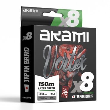 Akami VORTEX X8 è un filo trecciato in 100% PE con 8 fibre intrecciate a spirale, realizzato con tecnologia giapponese. Offre elevata resistenza al nodo e all’abrasione, profilo rotondo ultra scorrevole e ridotto assorbimento d’acqua. Ideale per lanci lunghi, precisi e silenziosi. Bobina da 300 m, colore verde per acque chiare.