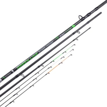 Alcedo GREEN LINE POWER FEEDER eccezionali canne da feeder, realizzata in carbonio ad alto e intermedio modulo. Grazie all'azione progressiva, all'ottima robustezza e alla bilanciatura perfetta, queste canne sono attrezzi polivalenti, ideali sia per la pesca in acque interne che in mare. Sono dotate di tre cime in carbonio con diverse potenze e montano anelli di alta qualità con pietra SiC, portamulinello a vite e impugnatura in EVA ad alta densità.