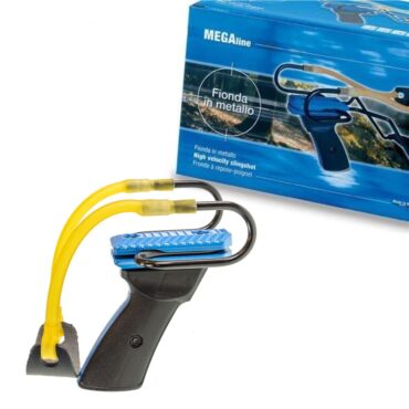 Fionda lancia sassi in alluminio con appoggia braccio e impugnatura tipo pistola. Elastico in lattice con portasfere in cuoio antiscivolo.