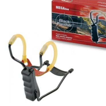 Fionda lancia sassi in metallo con appoggia braccio e impugnatura ergonomica. Munita di elastico in gomma con portasfere antiscivolo.