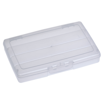 Scatola Porta Minuterie 191/VN in plastica da pesca con misure interne 245 x 165 x 40 mm / 9.64 x 6.48 x 1.57 inch. Colore trasparente. Questa scatola porta minuterie è disponibile in diverse configurazioni: vuota, con 4, 6, 7 o 12 scomparti interni. Materiale: polipropilene.