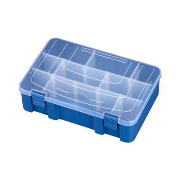 Scatola Porta Minuterie 197 in plastica da pesca con misure interne 276 x 188 x 75 mm / 10.87 x 7.40 x 2.95 inch. Colore del fondo blu e coperchio trasparente. Dotata di serrature a clip di sicurezza, questa scatola porta minuterie è disponibile nella configurazione con divisori mobili che conferisce la possibilità di realizzare da 1 a 9 scomparti interni. Materiale: polipropilene.