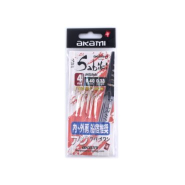 Il Sabiki Shrimp Akami Serie AKSHWH è una montatura con 5 ami gold, gamberetti in gomma e filamenti luminosi, assemblata su fluorocarbon 100% ad alta resistenza. Invisibile in acqua e resistente ad abrasioni, strappi e raggi UV, è perfetta per sgombri, sugarelli, lanzardi e altri pelagici, sia in acque costiere che in mare aperto.