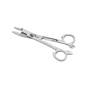 Forfice tagliafilo, munita di cappuccio, lame in acciaio inox e struttura in plastica.