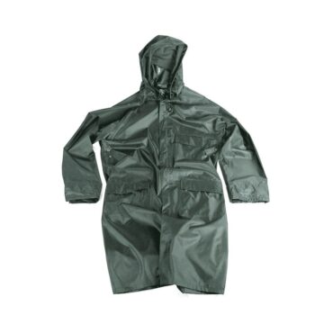 Giacca impermeabile con cerniera intera, cappuccio al collo con cordino e 3 tasche. Realizzato in PVC resistente, ideale per pioggia, neve e vento.