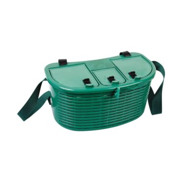 Paniere porta pesci, munito di tracolla e tre tasche porta esca, struttura in plastica verde infrangibile. Ideali per la pesca trota torrente, lago e fiume.
