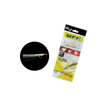 Sabiki fluorescenti a 7 ami dorati montati con piumetta, flash light e pelle di pesce.