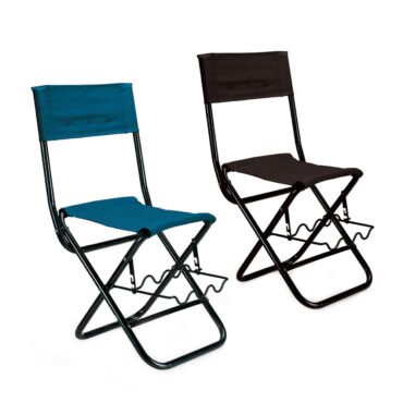 Sedia richiudibile completa di porta canne e tracolla. Struttura in alluminio ed elementi in stoffa.