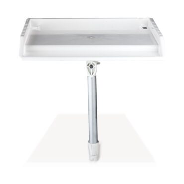 Serbidora rinforzata, palo di sostegno in alluminio forte e viti regolabili utili per modificare l’angolo di bordo di taglio. Munita di righello fino a 40 cm e slot per contenere coltelli, pinze, esche.