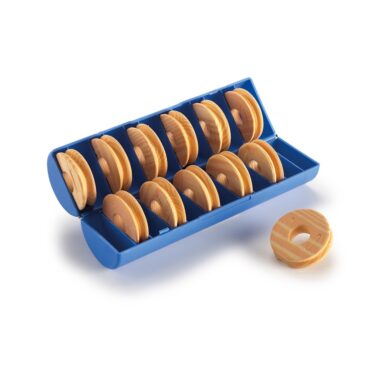 Set avvolgilenza con scatola in plastica e dischetti in neoprene.