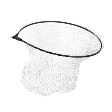 Teste di guadino ovale con rete nylon nera, munita di e blocco in plastica.