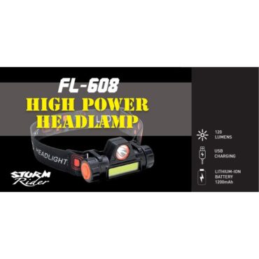 Lampada frontale da pesca STORM RIDER FL- 608, torcia ricaricabile con batteria al litio da 1200 mAh, dotata di LED a fuoco rapido da 3W e ​​pannello led a fuoco indiretto. Impermeabile, con un raggio di sterzata di 60º. Messa a fuoco di 100 metri con 120 lumen. Incorpora anche un piccolo magnete all'estremità sinistra per poter essere rimosso dal nastro. Ideale per la pesca notturna.