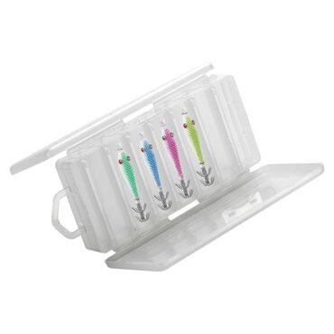 Scatola porta artificiali, struttura in polipropilene trasparente, doppia apertura e forma interna a "V". Munita di 14 scomparti.