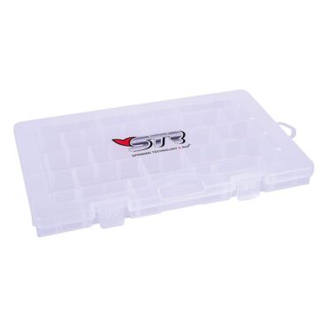Scatola porta accessori, struttura in polipropilene trasparente, munita di divisori rimovibili.