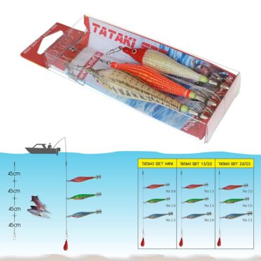 Montatura pronta Tataki Set assemblata con 3 Soft Squid Jigs, 3 Duolock Snaps, 1 Stainless Steel Swivel, 1 Swivel With Interlock Snap e fluorocarbon.

High Quality Finishing
Extra Soft Squid Jigs
Professional Knotting